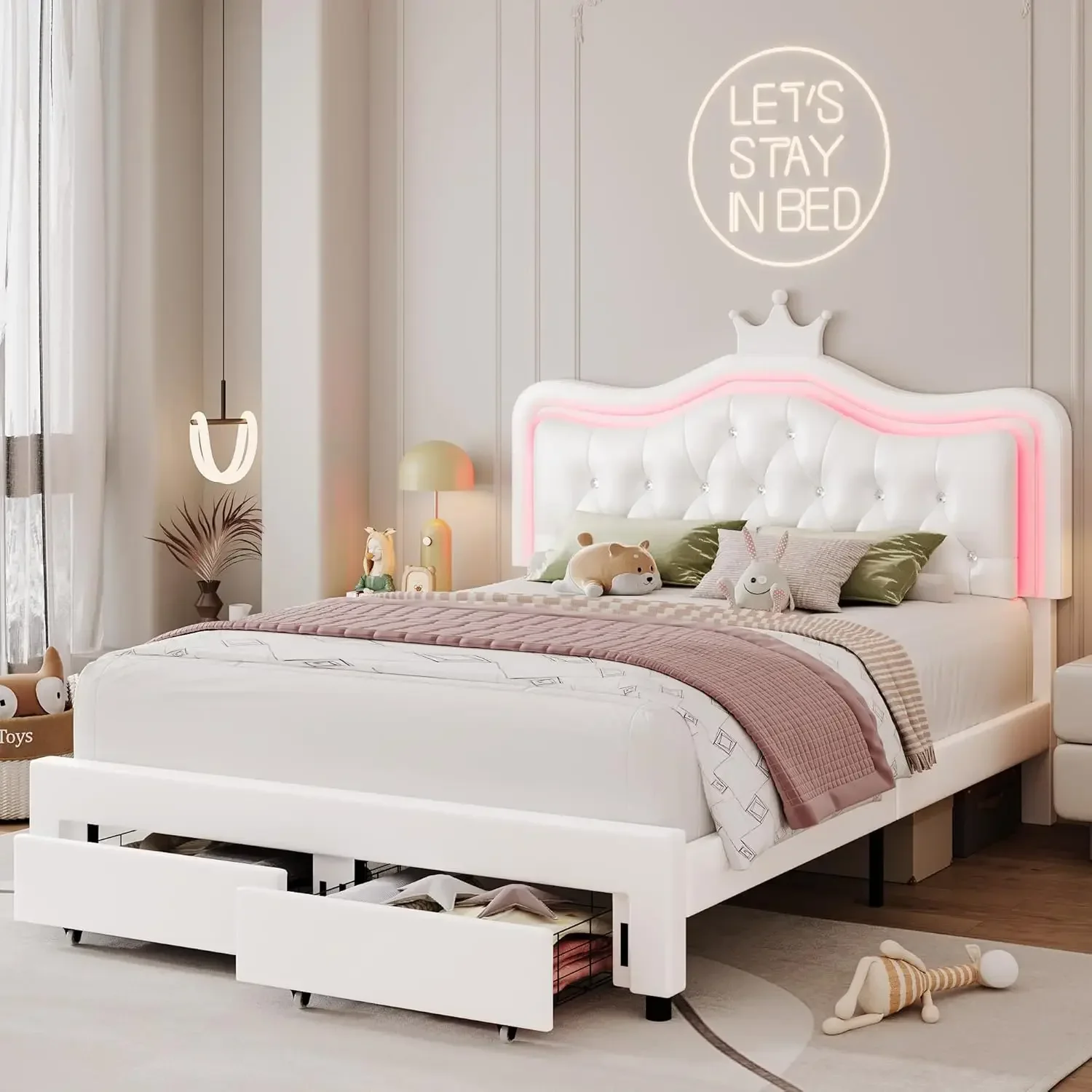 

Leather Princess Platform Bed with Adjustable Crystal Button Tufted Crown Headboard, Solid Wooden Slats Support