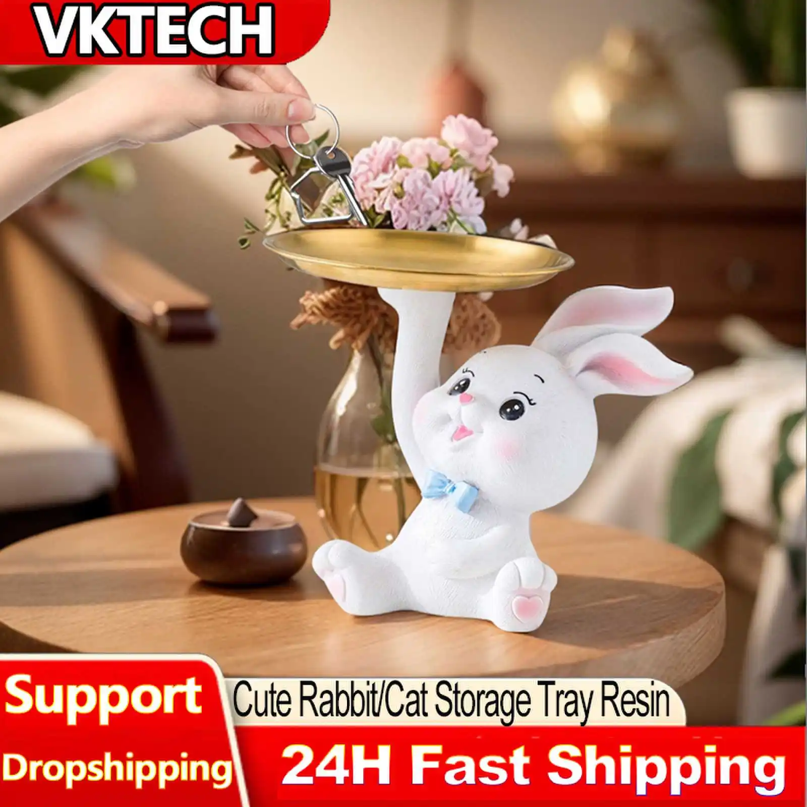 Cute Rabbit/Cat Storage Tray Multifunctional Rabbit Figurines Key Tray Resin Bunny Sculpture Candy Dish Home Office Desk Decor