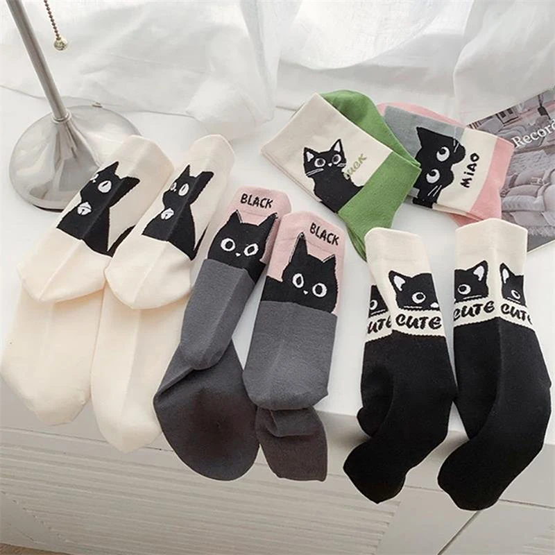 Cartoon Cute Cat Color Matching Polyester Cotton Socks Mid-tube Socks Breathable Sweat Absorption Sports Sock Sweet Student Sock