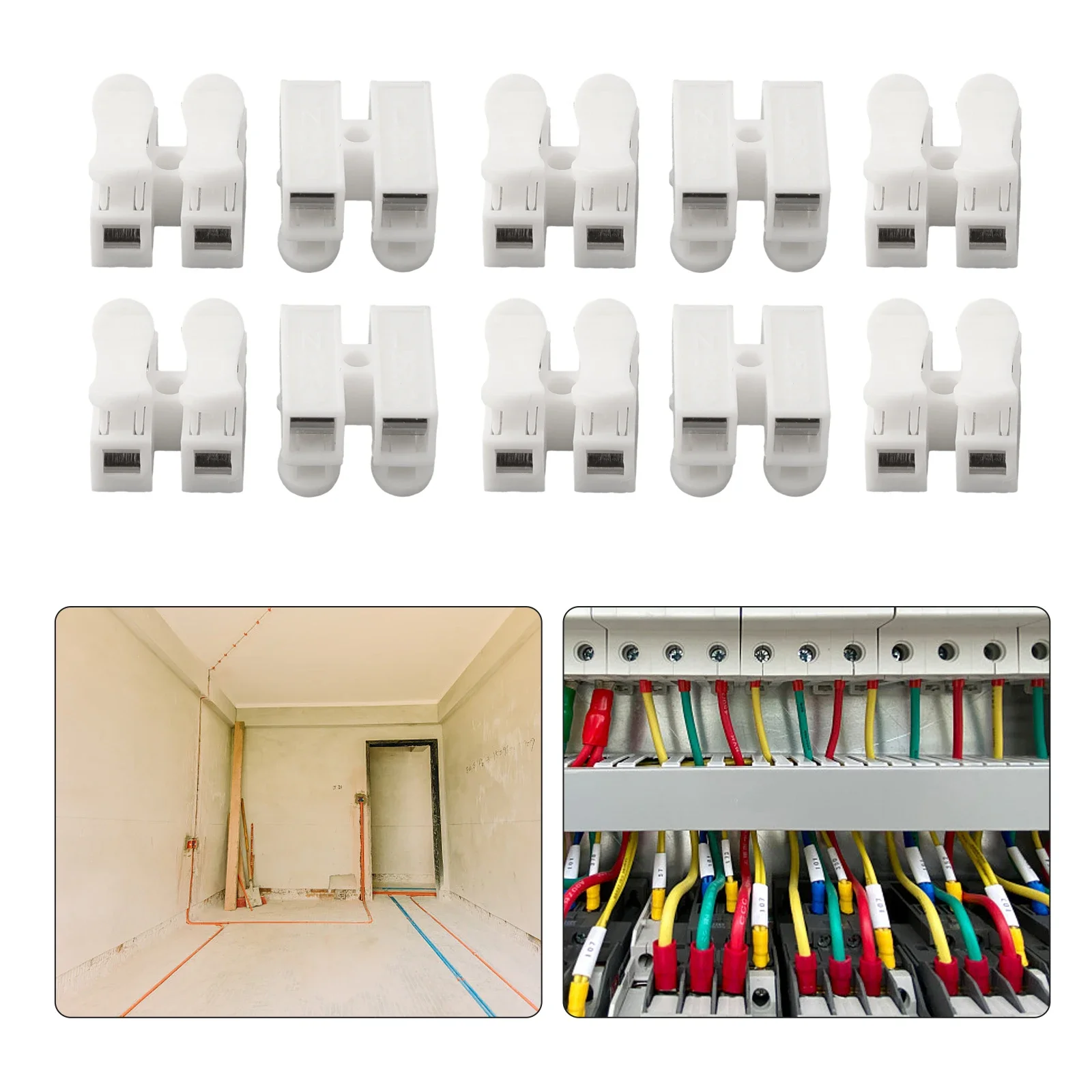 CH2 2-Pin Spring Terminal For LED Strip Connections 10Pcs DIN Rail Mount Wire Clamp No-Screw Assembly 220V 1A Support 300W Load