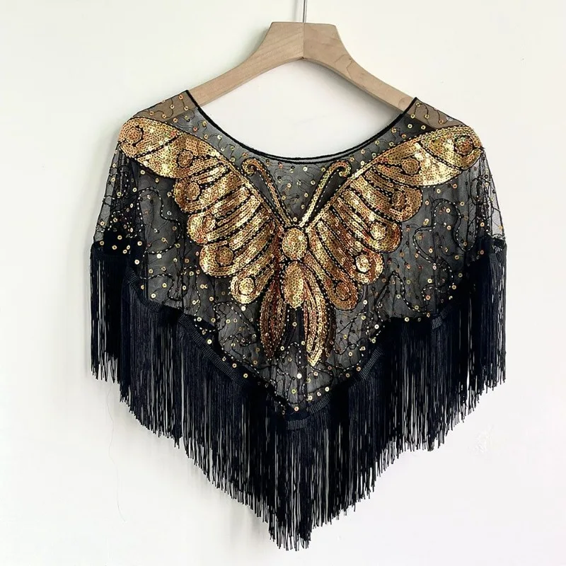 2024 New Cape Women's Fringed Sequined Mesh Cropped Round Neck Shawl Casual Versatile Tassel Shorts Small Outer Wear Wrap