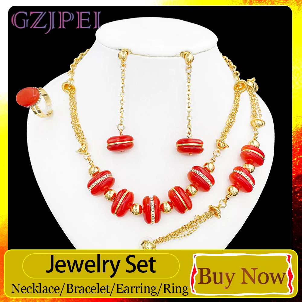 

GZJPEI 4 Pcs/Set Boho Jewelry Set For Women Wedding Party Jewelry Birthday Gift Gold Color Chain Necklace Bracelet Earring Ring