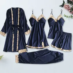 Women 5 Pieces Silk Sling Pajamas Sets Sexy Loose And Comfortable Lace Elegant Sleeping Set For Home Underwear And Nightgown