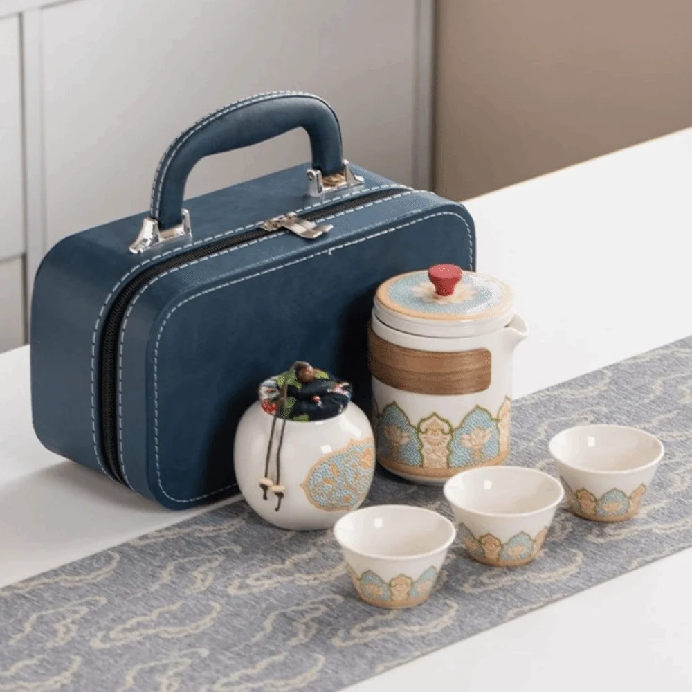 

Керамический дорожный чайный сервиз с канистрой и профильной коробкой, подарочный набор для чая, портативная фарфоровая чайная посуда в китайском стиле для путешествий