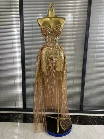 \Women Sexy Strapless Mesh Crystal Maxi Dress See Through Party Singer Maxi Dress Stage Performance Costume