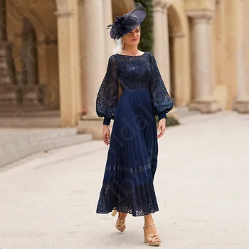 Klasik lacivert anne gelinlik dantel ayak bileği uzunluk düğün önlükler 2024 uzun kollu anne önlük Bateau boyun