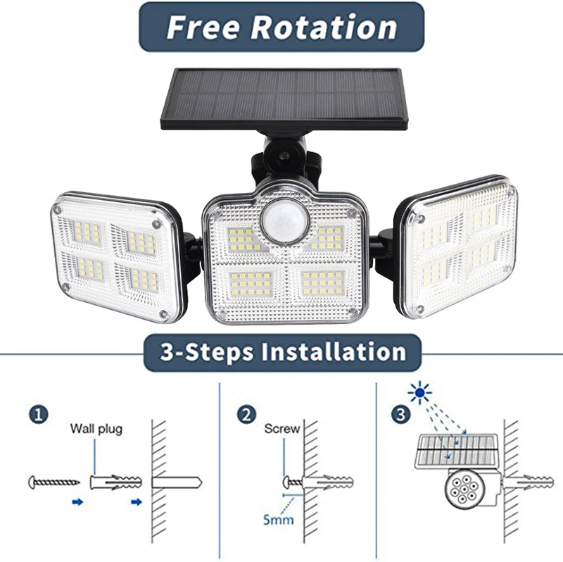 Imagem -02 - Luminária de Parede sem Fio com 138 Leds Energia Solar Cabeças Rotação Pir Sensor de Movimento Lâmpada ao ar Livre Quintal Jardim à Prova Dágua Iluminação