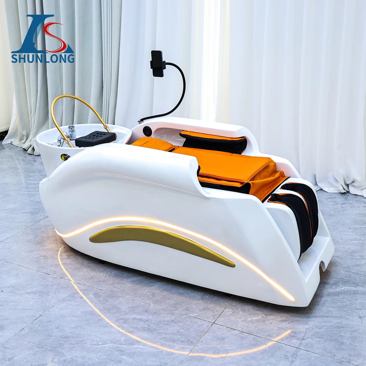 Multi-functional Electric Shampoo Massage Bed, Reclining Hair Washing Table with LED Light and Tablet Stand for Beauty Salon Sca