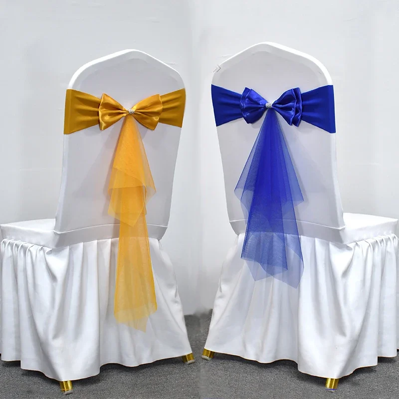 10pcs Spandex Chair Sashes with Gauze Wedding Lycra Chair Band Stretch Chair Bows  Banquet Party Event Decoration Supplies