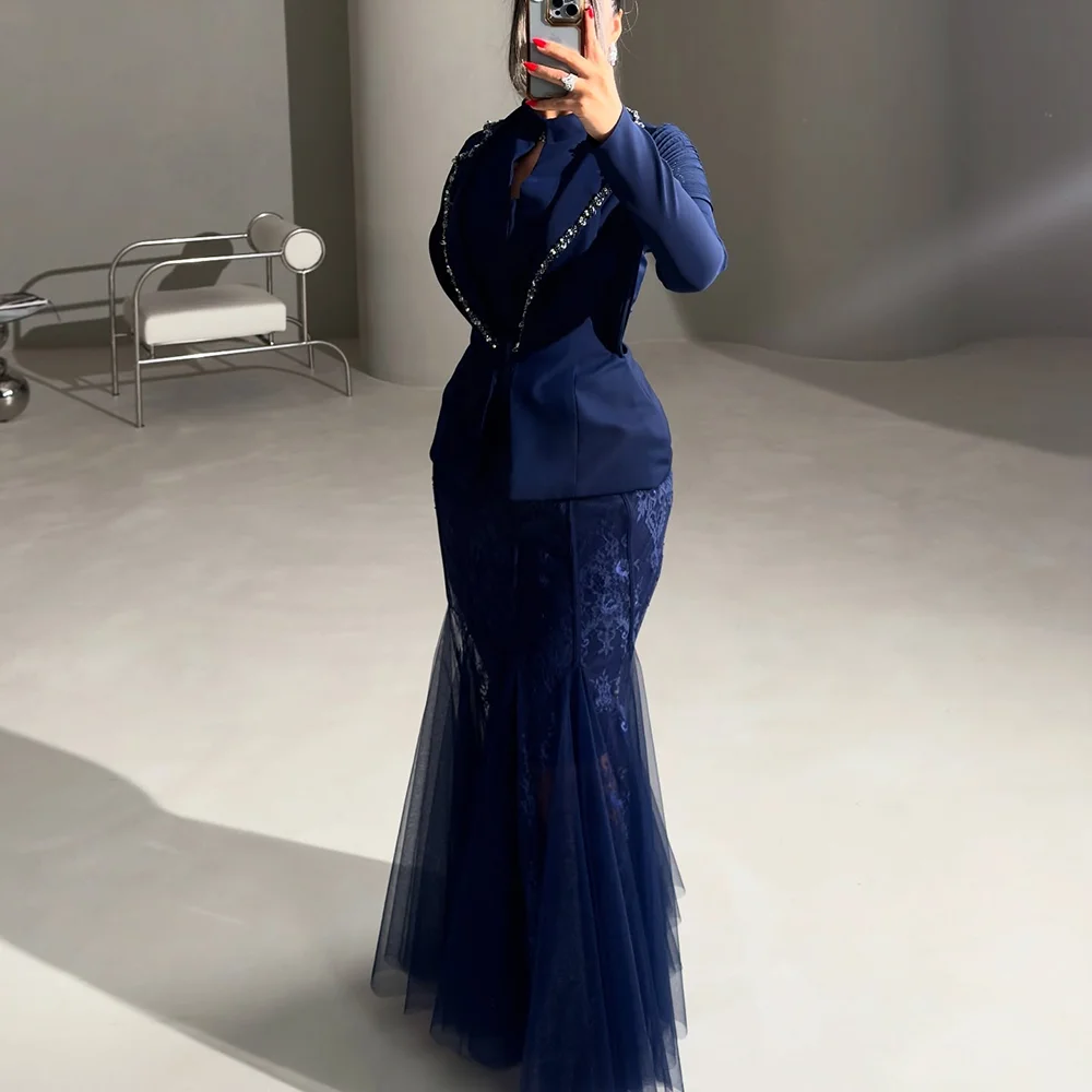 

Темно-синее вечернее платье для женщин, элегантный топ из джерси с кристаллами и длинными рукавами, вечернее платье из тюля, вечернее платье русалки по индивидуальному заказу