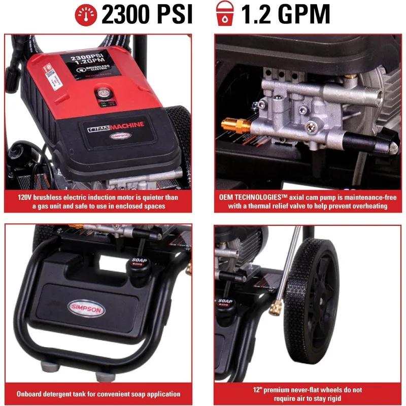 Simpson Cleaning 61016 Clean Machine Electric Pressure Washer, 2300 PSI, 1.2 GPM, Maintenance-Free Axial Cam Pump