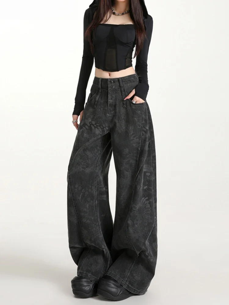 

plus Size American Style Denim Jeans Women's Autumn Winter Loose High Waist Slim Straight Wide Leg Pants Pear Shape Body
