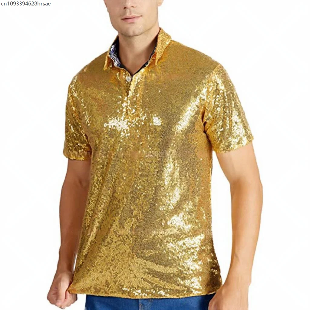 

Shiny Gold Sequin T Shirt For Men Solid Summer Short Sleeve Disco Fashion Cosplay Christmas Party Nightclub Stage Costume