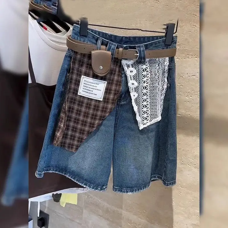Casual Patchwork Denim Bermuda Shorts For Women Plaid Lace Splice Label Decor Vintage Washed Straight Y2K Streetwear Bottoms