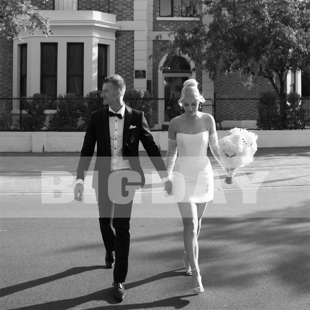 Beach Short Wedding Dresses Women 2025 Long Sleeve Strapless Satin Open Back Above-Knee Bridal Gown Vestidos De Noiva Customized