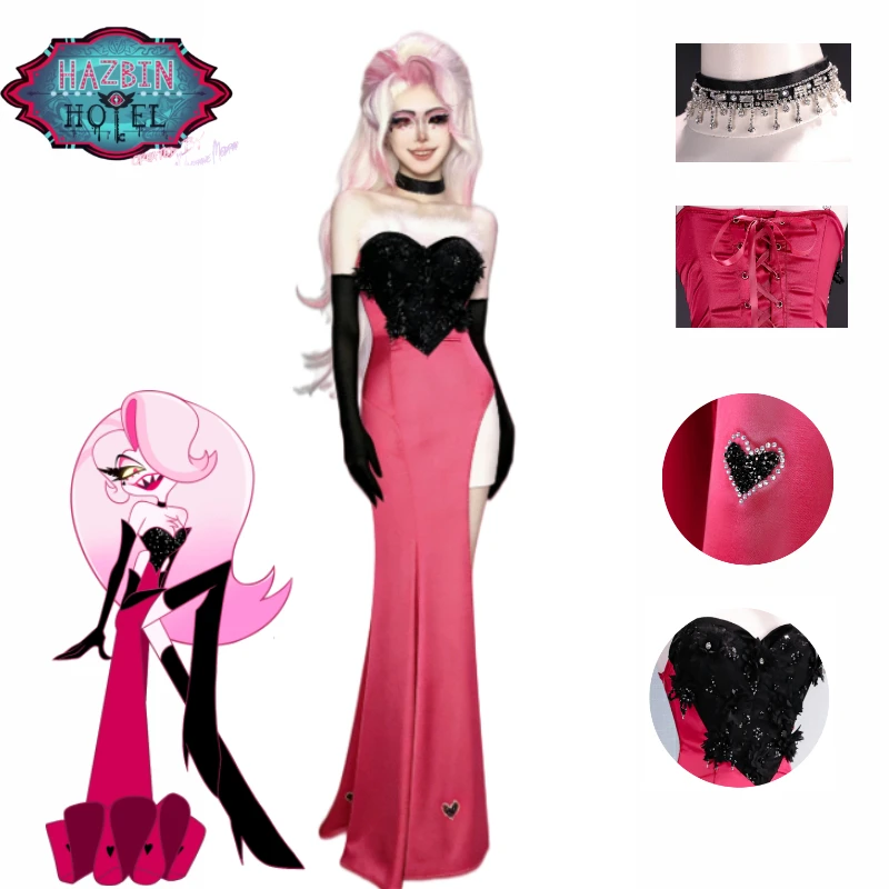 

Angel Dust Cosplay Costume From Hazbin Hotel Sexy Black Pink Fitted Long Gown Anime Cosplay Outfit Wig Set for Halloween Party