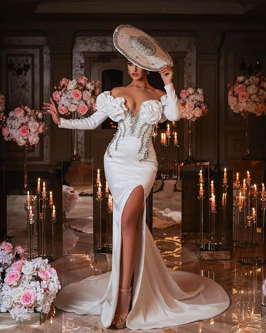 Mermaid Wedding Dress Off the Shoulder Full Sleeves Slit Prom Dresses Rhinestones Chapel Train Robes De Soiree Customised