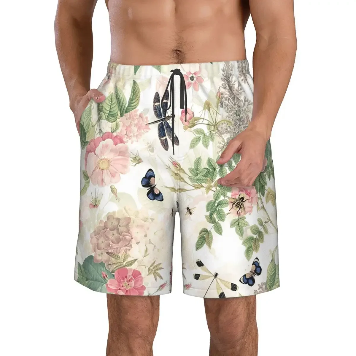 UtART Vintage Roses Spring Flower And Early Insects Botanical Trunks Beach Board Shorts Casual Quick Dry Swim Summer Men Pants