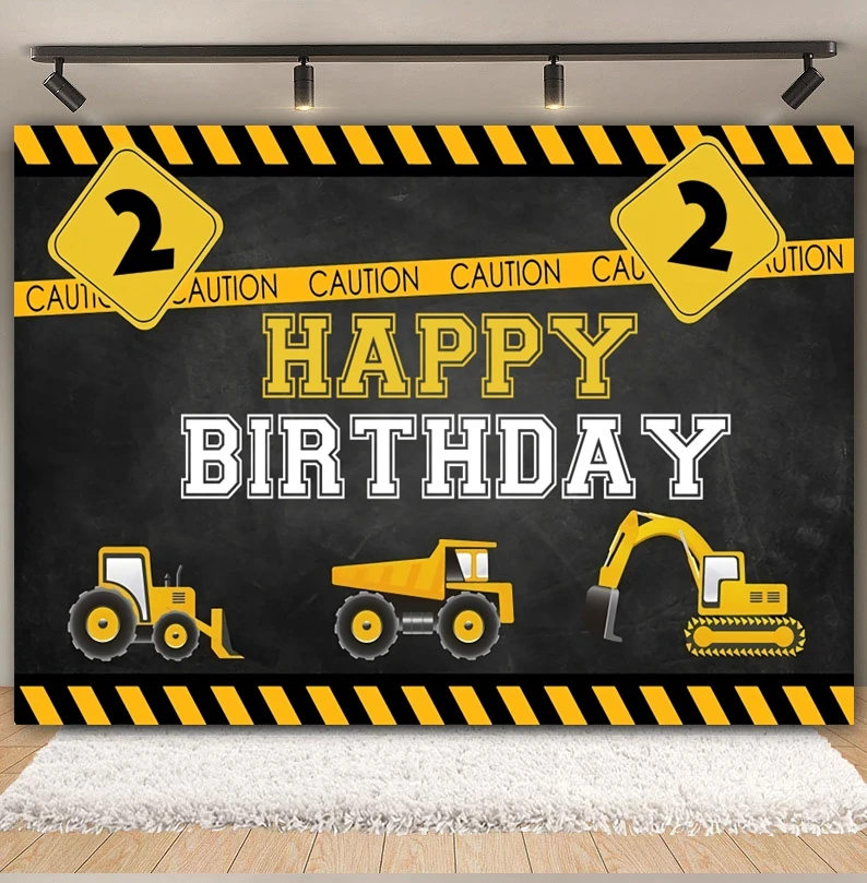 خلفية عيد ميلاد لفريق البناء للتصوير الفوتوغرافي للأولاد وحفلات استقبال المولود الجديد ورافعة شاحنة المرور وحفارة خلفية استوديو الصور #2