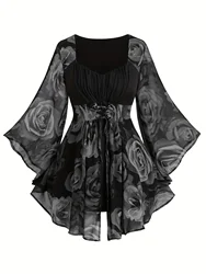 European and American fashion plus size women's rose print drawstring irregular bat sleeve top women