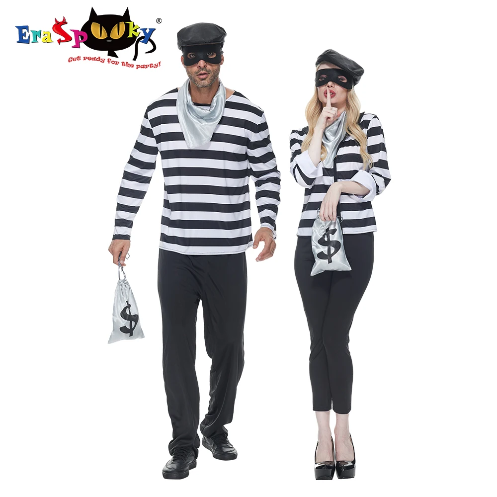 Eraspooky Halloween Party Couple Costume Funny Adult Stripe Thief Cosplay Set Prisoner Uniform Carnival Party Purim Fancy Dress