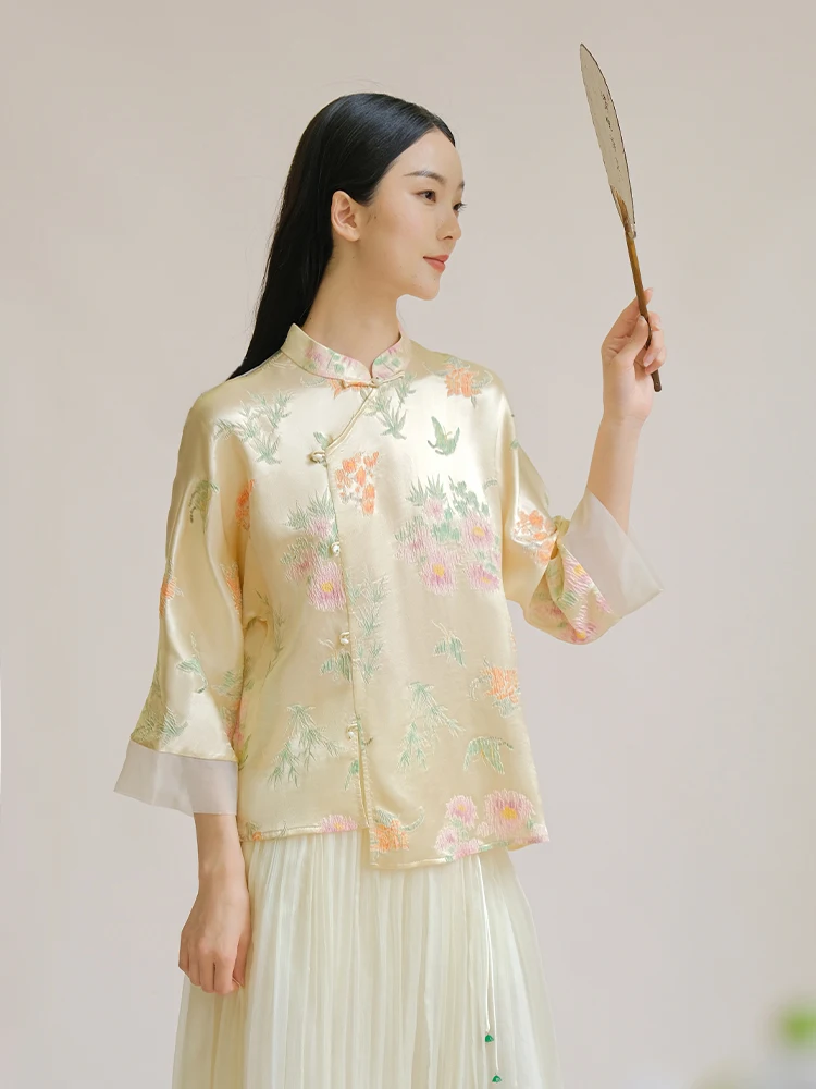 

Новая китайская шелковая блузка в стиле дзен для лета, высококачественная одежда для чаепития, с вышивкой из натурального шелка, улучшенный воротник-стойка на пуговицах