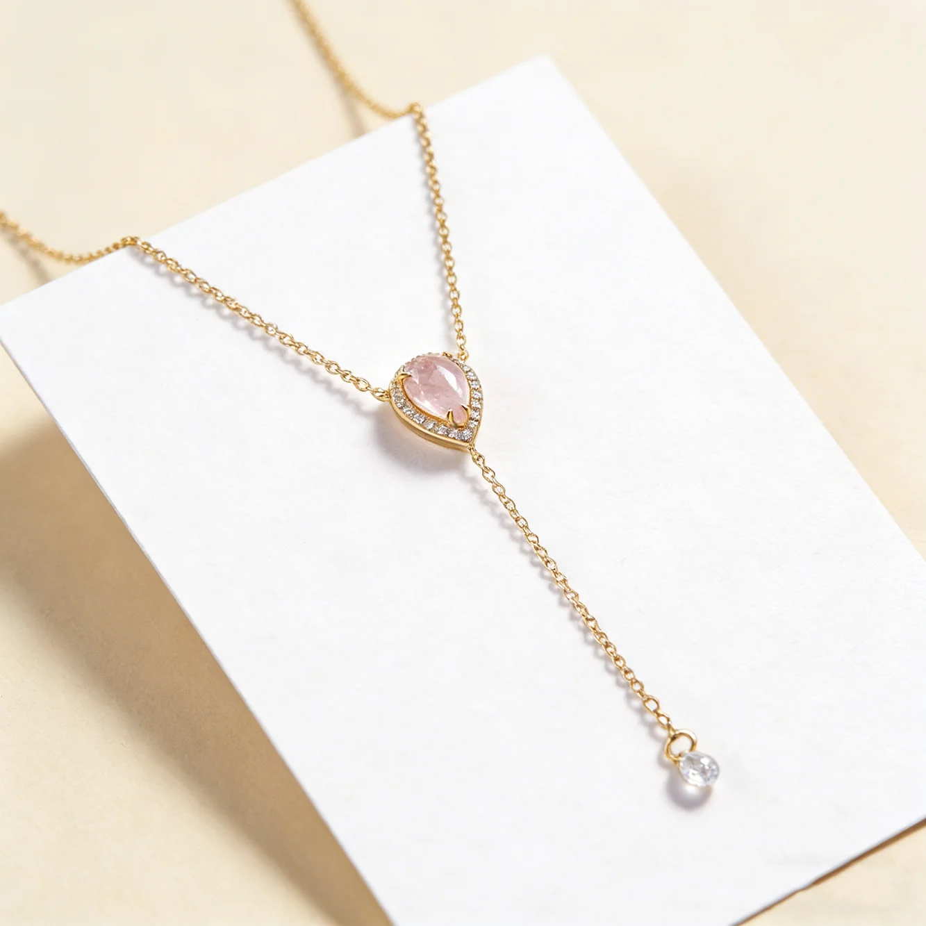 

FULSUN Dainty Pink Opal Teardrop Lariat Necklace 925 Sterling Silver 14K Gold Plated Lobster Clasp Adjustable For Women