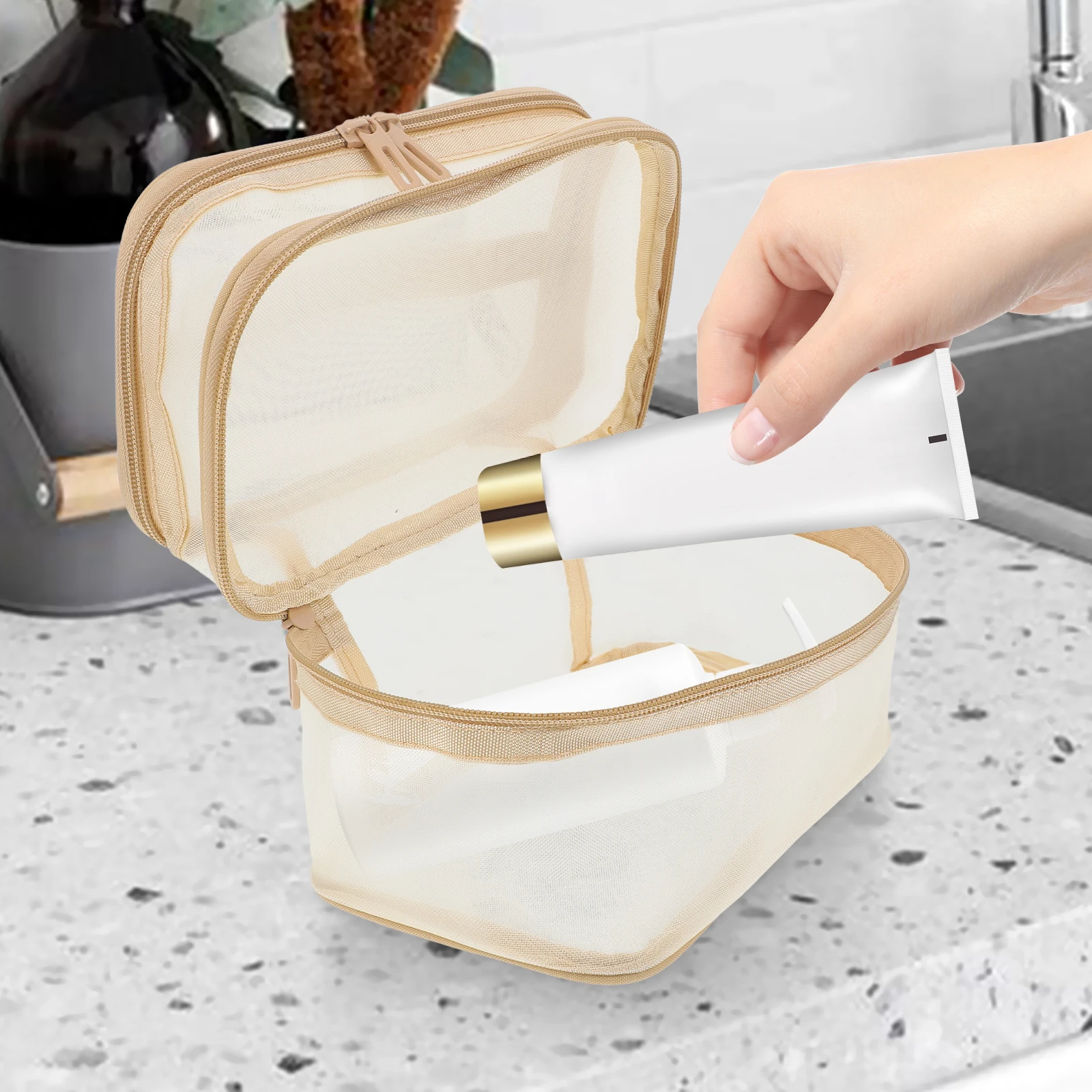 

Double Layer Mesh Bag Toiletry Bag Portable Makeup Pouch Grey Nylon Travel Bags Storage Container Brushes Accessories