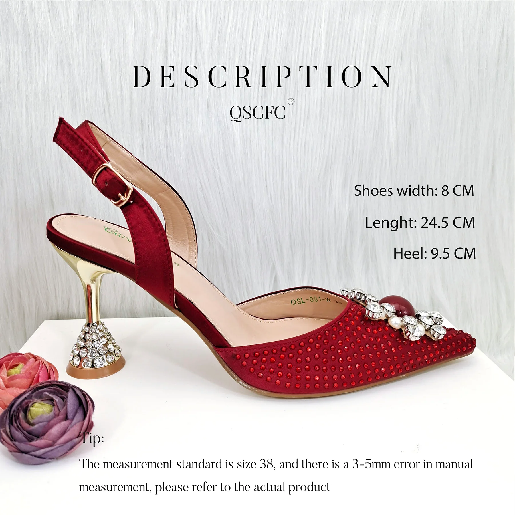 QSGFC 2023 Luxury SSS Grade Burgundy High Heels Metal Diamond Chain Decorative Handbag Fashion Banquet Shoes Bag Set For Women