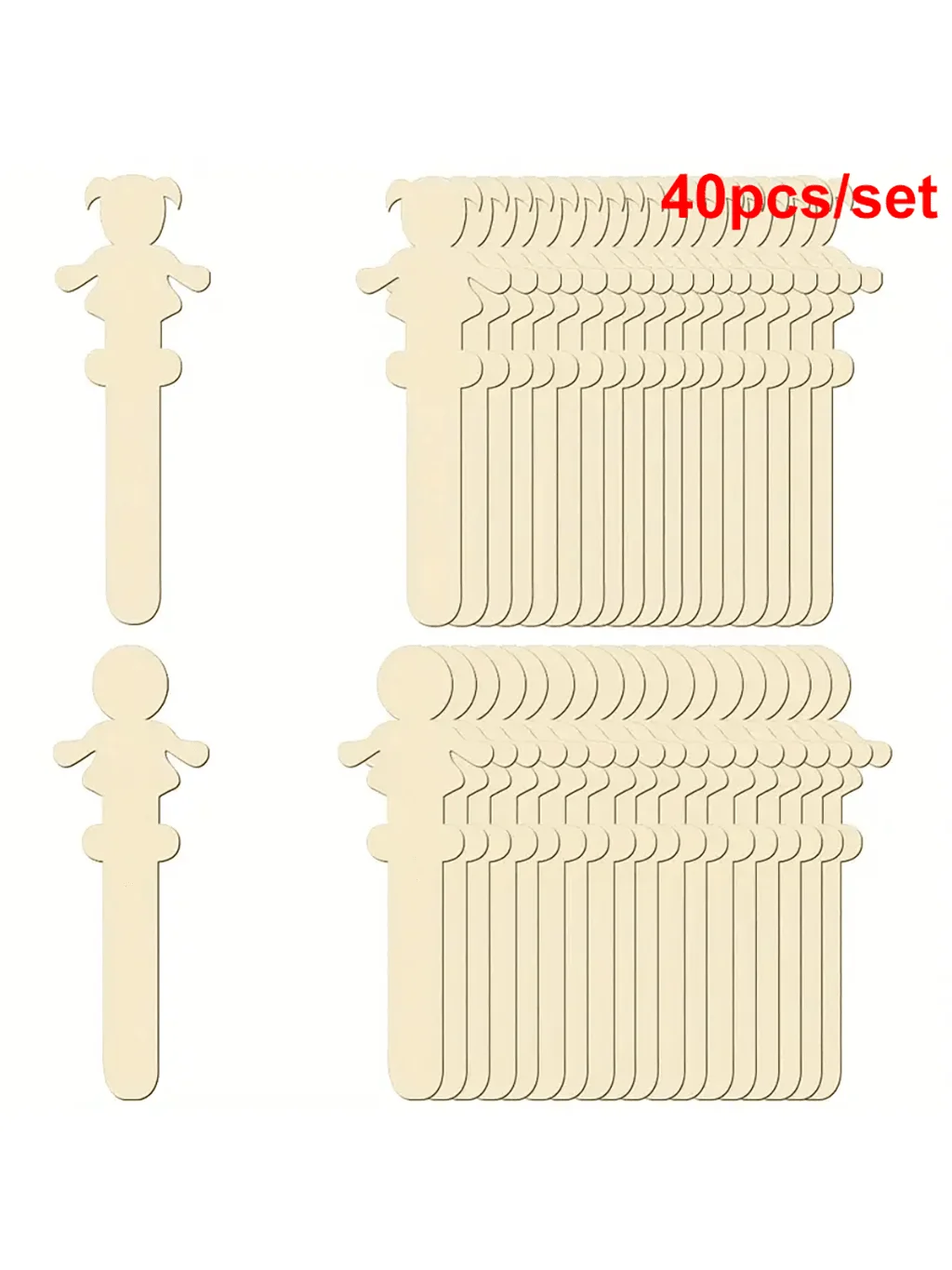 40 Unfinished Wooden Figure Cutouts, 5.5 Inches Tall - DIY Craft Sticks for Painting and Art Projects, 2 Styles of Blank Wood Sh