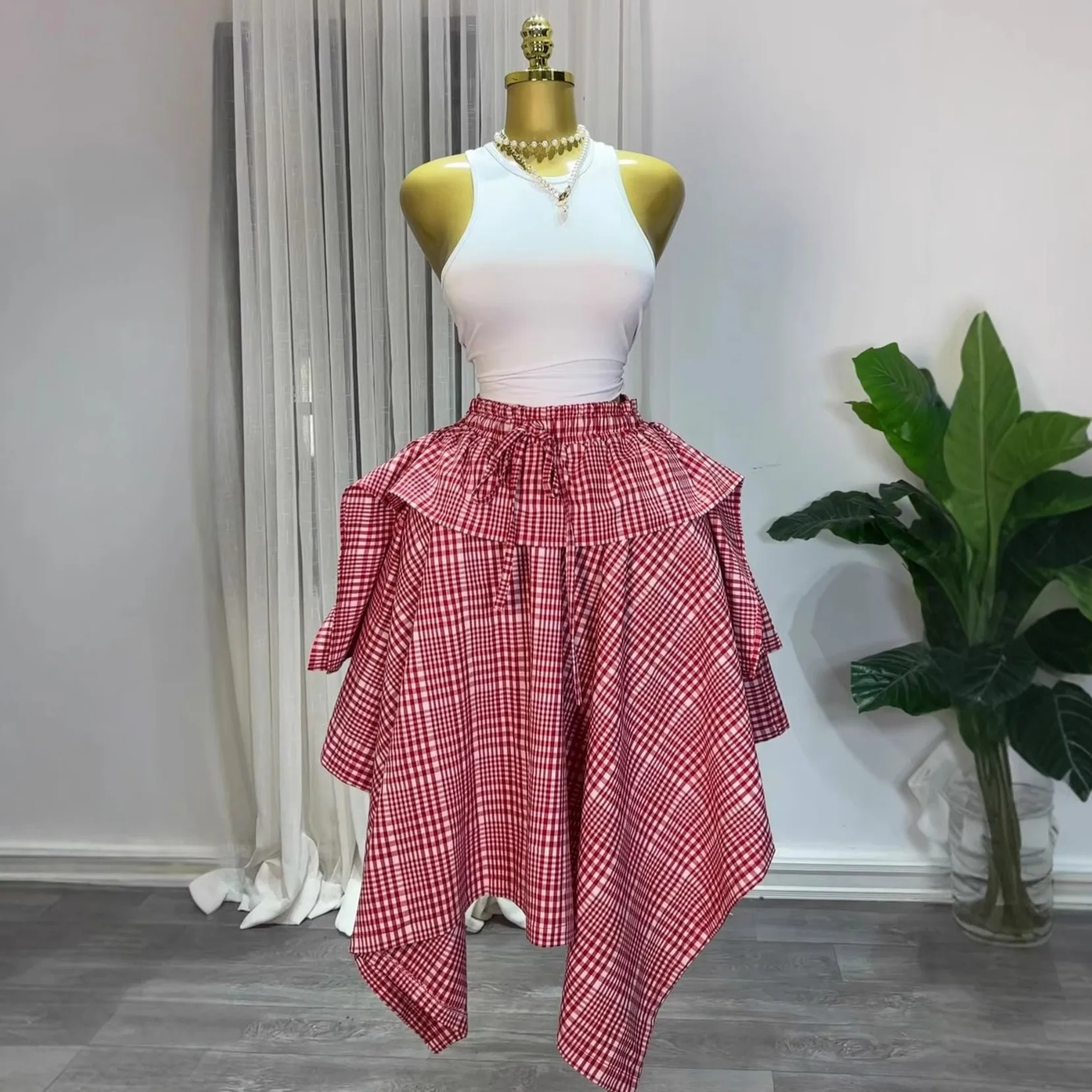 

Summer Women Y2k Skirt Long Plaid Ruffle Hem Skirts Elastic Midi Length Casual Half Skirt Red And White Tiered Drawstring Waist