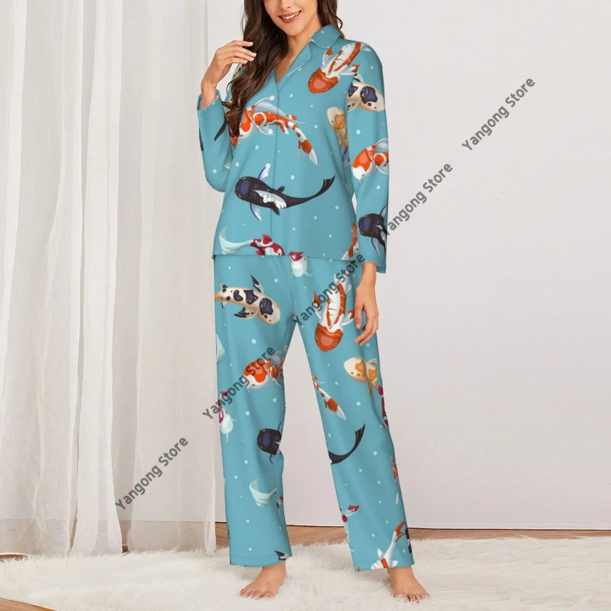 Fish Koi Pattern Womens Pajamas Loungewear Two-piece Sleepwear Button-Down Full Sleeve Long Pajamas Set