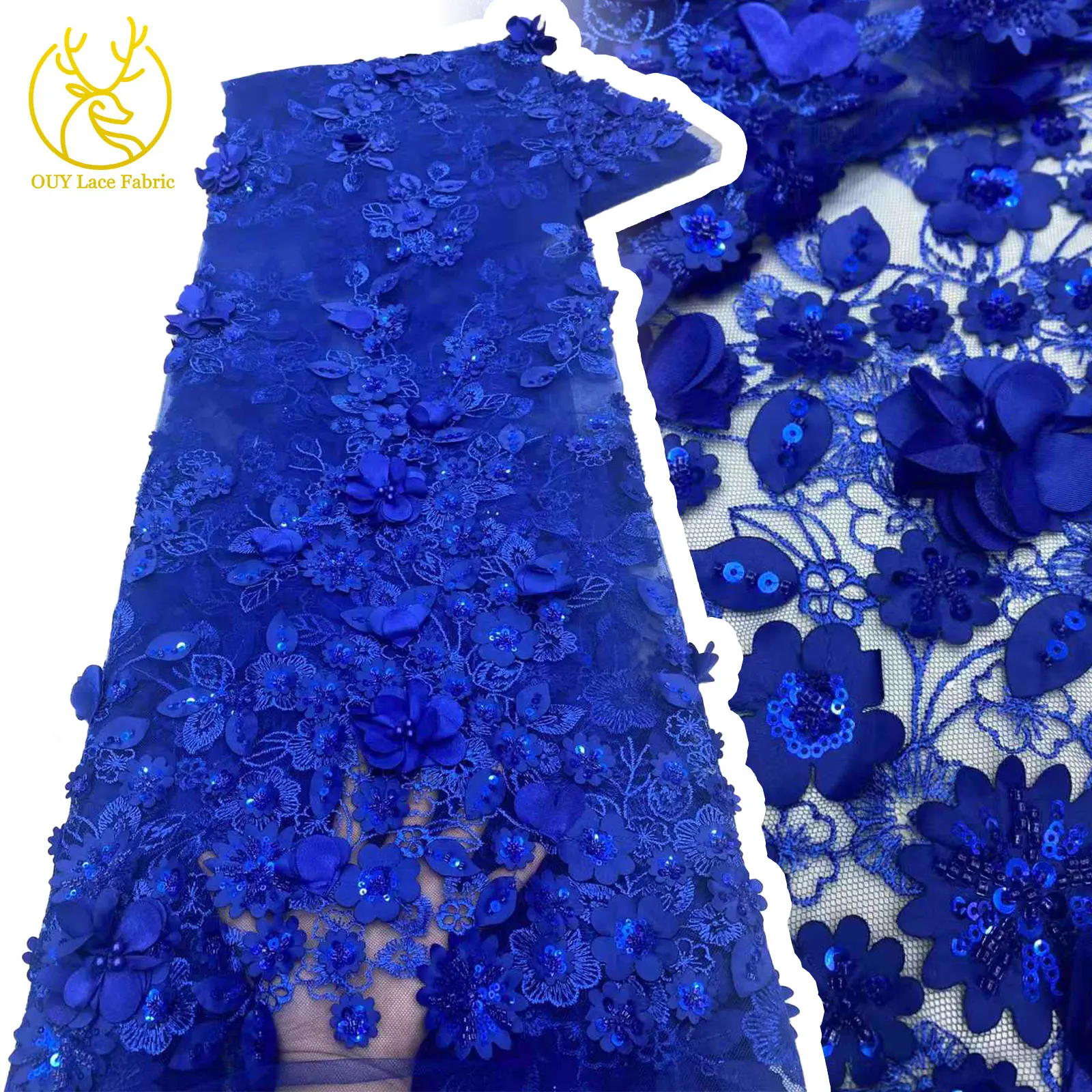 

France 3D Embroidery Applique Lace Fabric African Beaded Sequin Lace Fabric 2025 Hot Sale Nigeria Tulle Lace Fabrics Dresses
