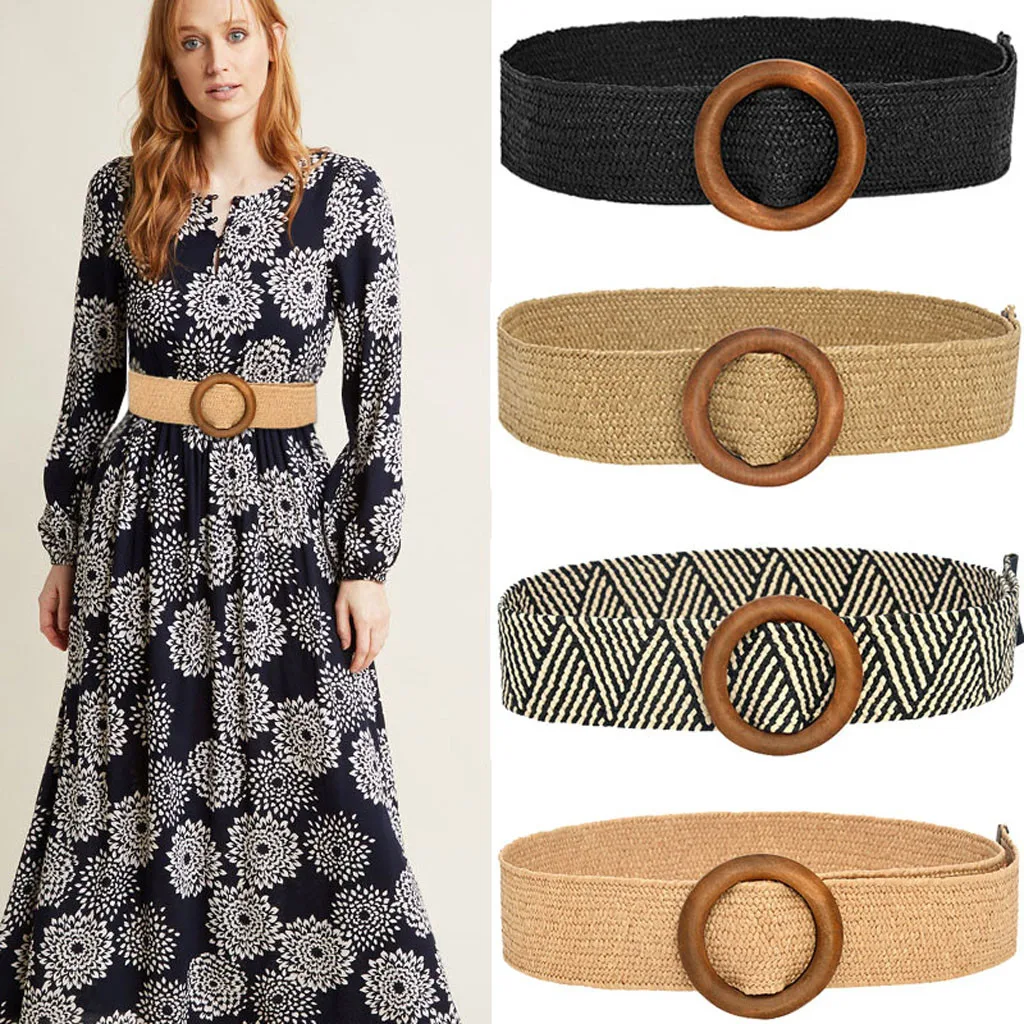 Vintage Straw Woven Elastic Stretch Waist Belt Women Bohemia Skinny Dress Braided Belt Fashion Round Wooden Buckle Braided Strap