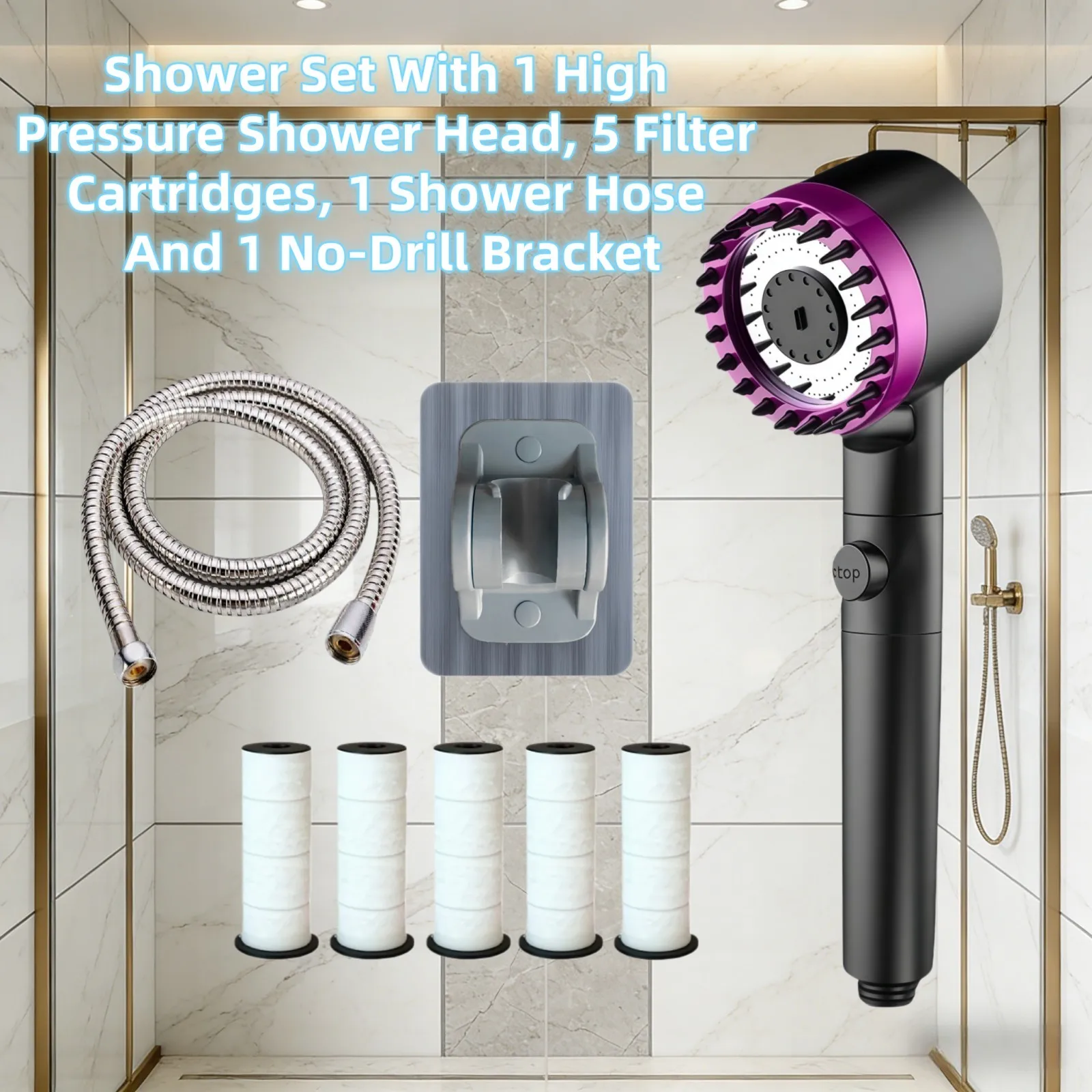 

8PCS Black Purple High Pressure Water Saving Shower Head Set 3 Modes Adjustable with 5 Filter Shower Hose No Drill Bracket