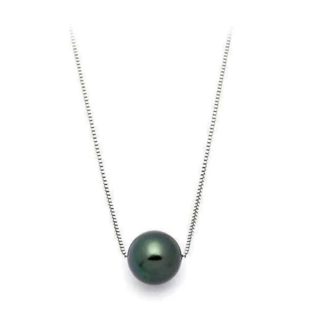 Peacock Green Tahiti Pearl Pendant 10-11mm Natural Round Silver Chain