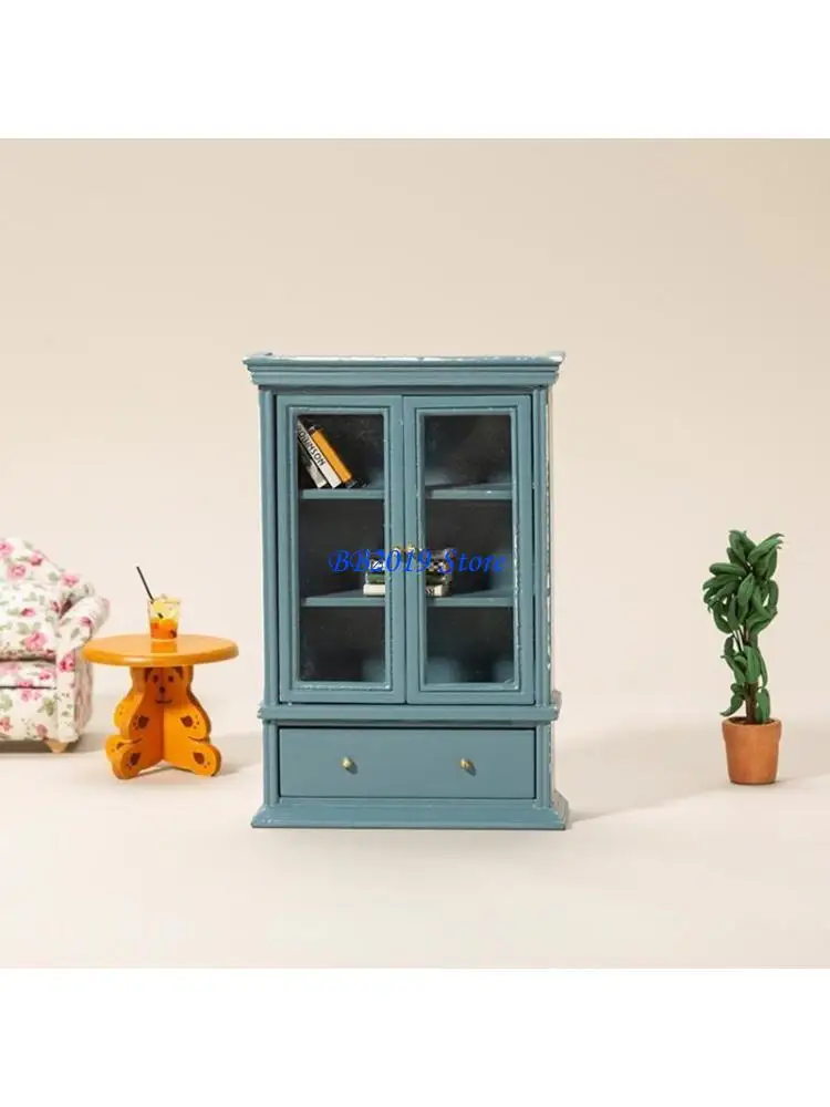 

Q0KB Miniature Bookshelf Cabinet Model Bookshelf Wardrobe Mini Kids Living Room for Play Doll House Decor Acces