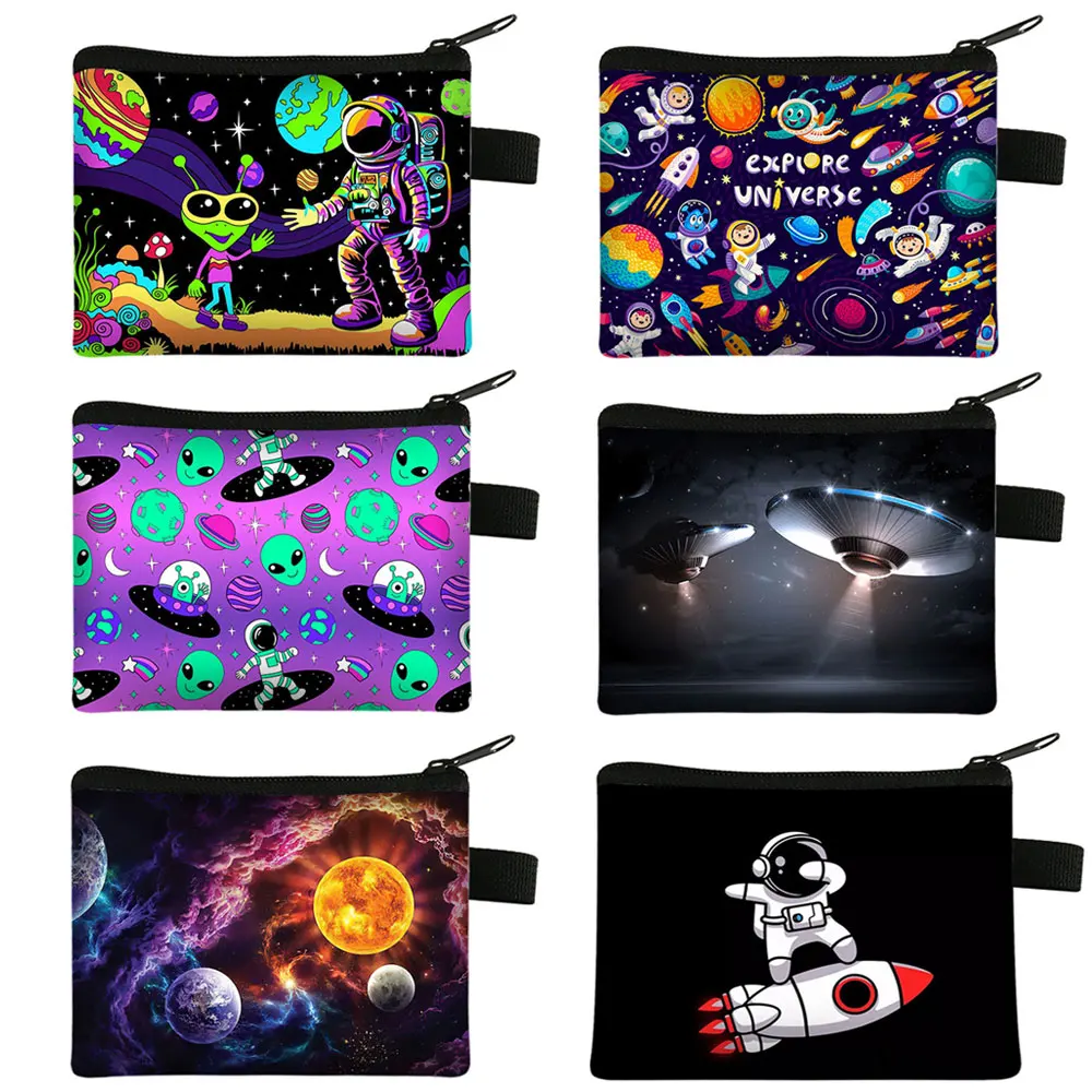 Monedero con estampado de OVNI Alien, Cartera de astronauta, universo, Galaxia, Planeta, monedero con cremallera, monedero bonito para tarjeta de crédito, billeteras pequeñas