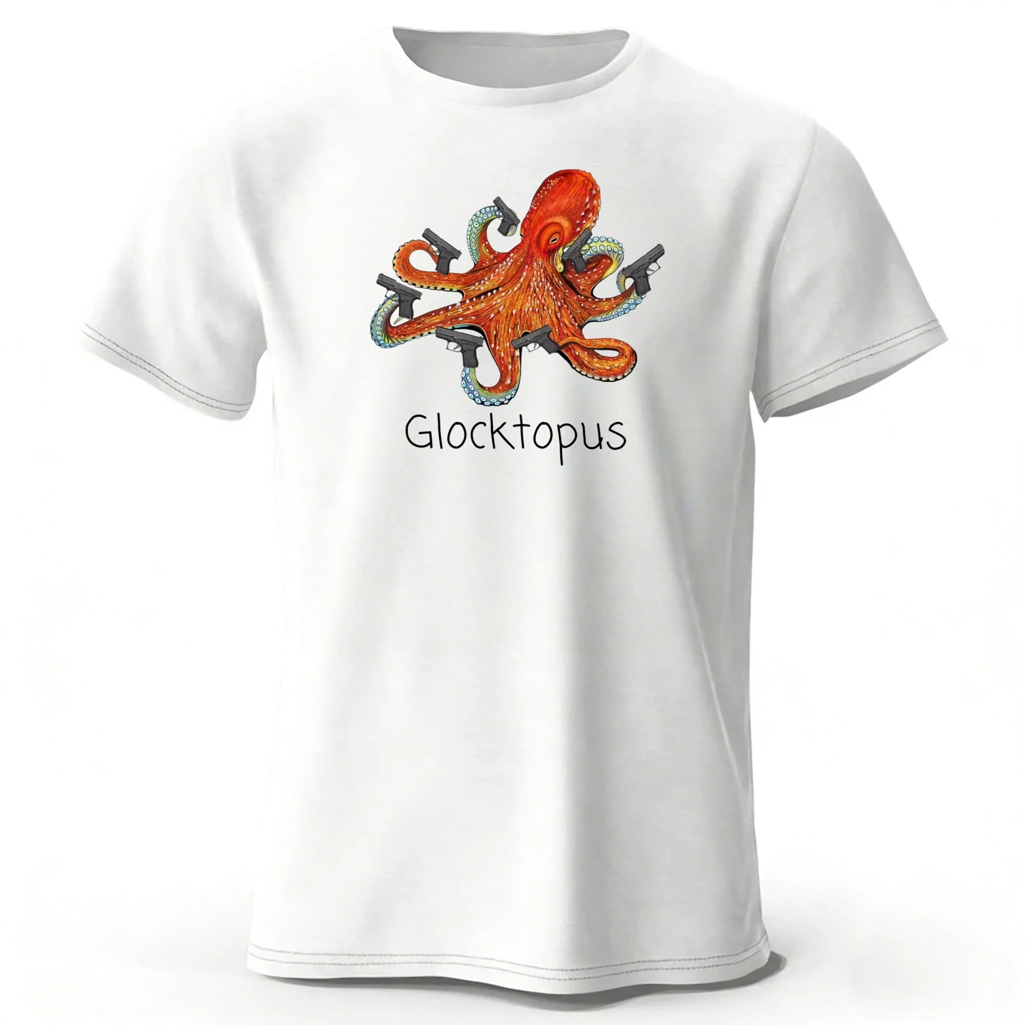 2026 Modisches Neues Herren-T-Shirt mit Lustigem Oktopus, der Waffen spielt, Hochwertige Baumwolle, Locker Geschnitten, Groß, Atmungsaktiv, Sportlich, Kurzarm
