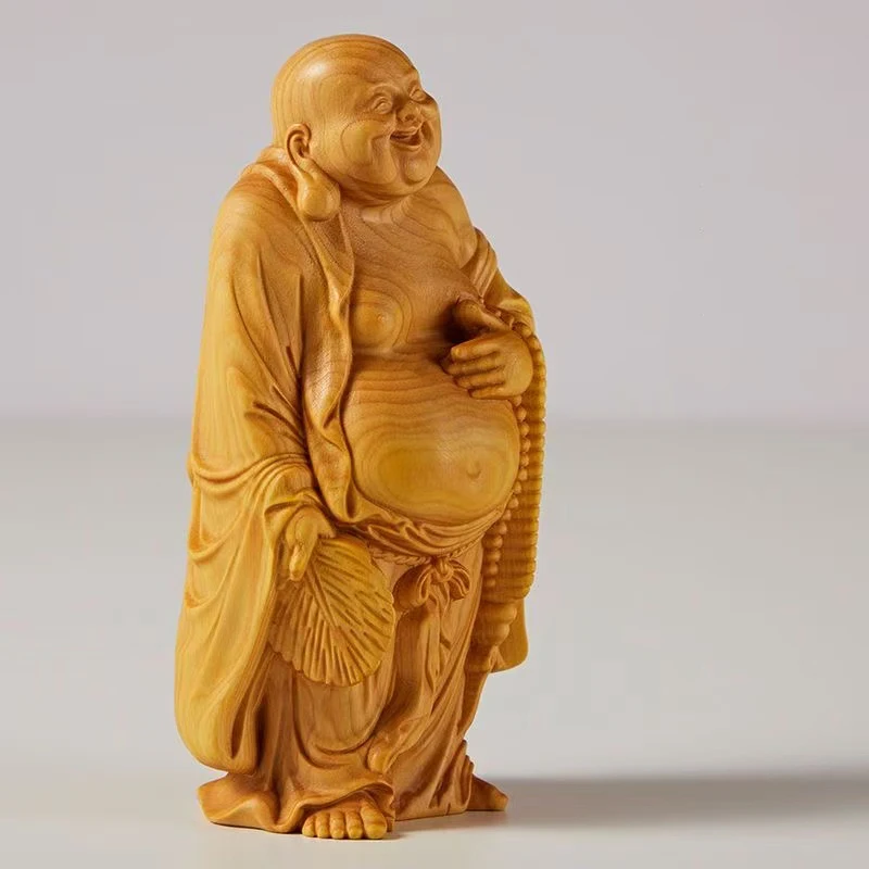 Wood carving Maitreya Buddha sculptures and figurines ，Chinese wooden  Home Room Office Table decoration and accessories