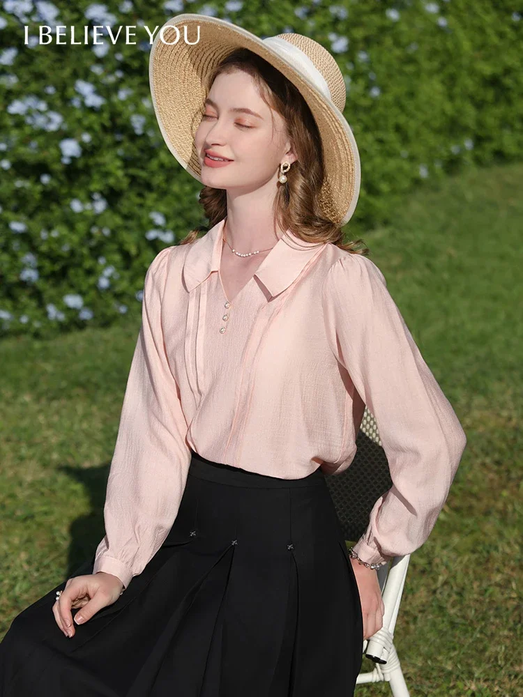 I BELIEVE YOU Pink Woman Shirt French V-neck Lantern Long Sleeves 2024 Spring New Chic Pretty Button Shirts & Blouses 2241055563