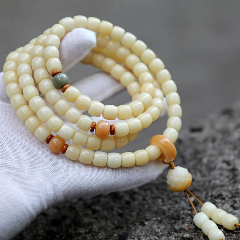 9*8 Cinnamon Straight-Cut Multi-Layer Bracelet, Light Yellow Bodhi Root 108 Beads