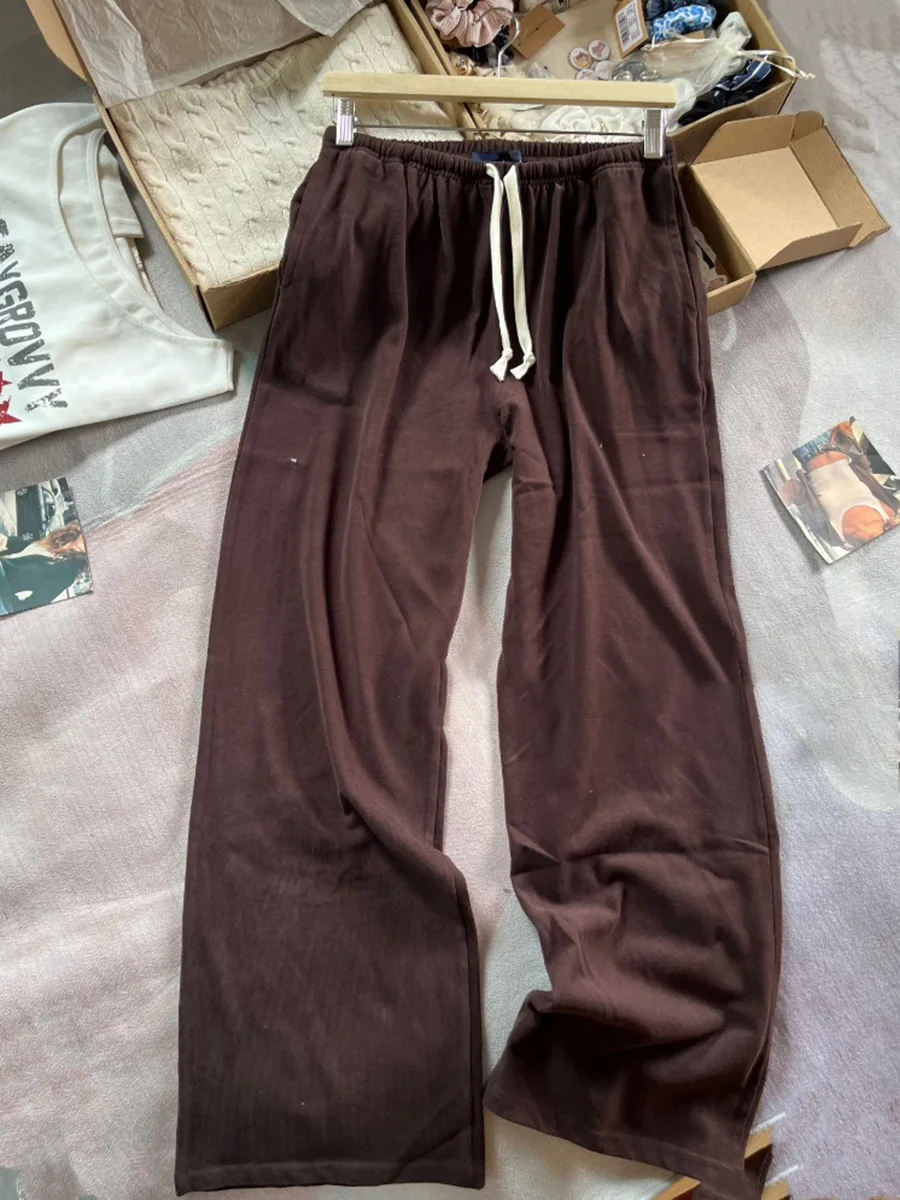 Effen joggingbroek met trekkoord Dames Hoge taille Eenvoudige losse zak Rechte broek All-match Casual mode Sport wijde pijpen broek