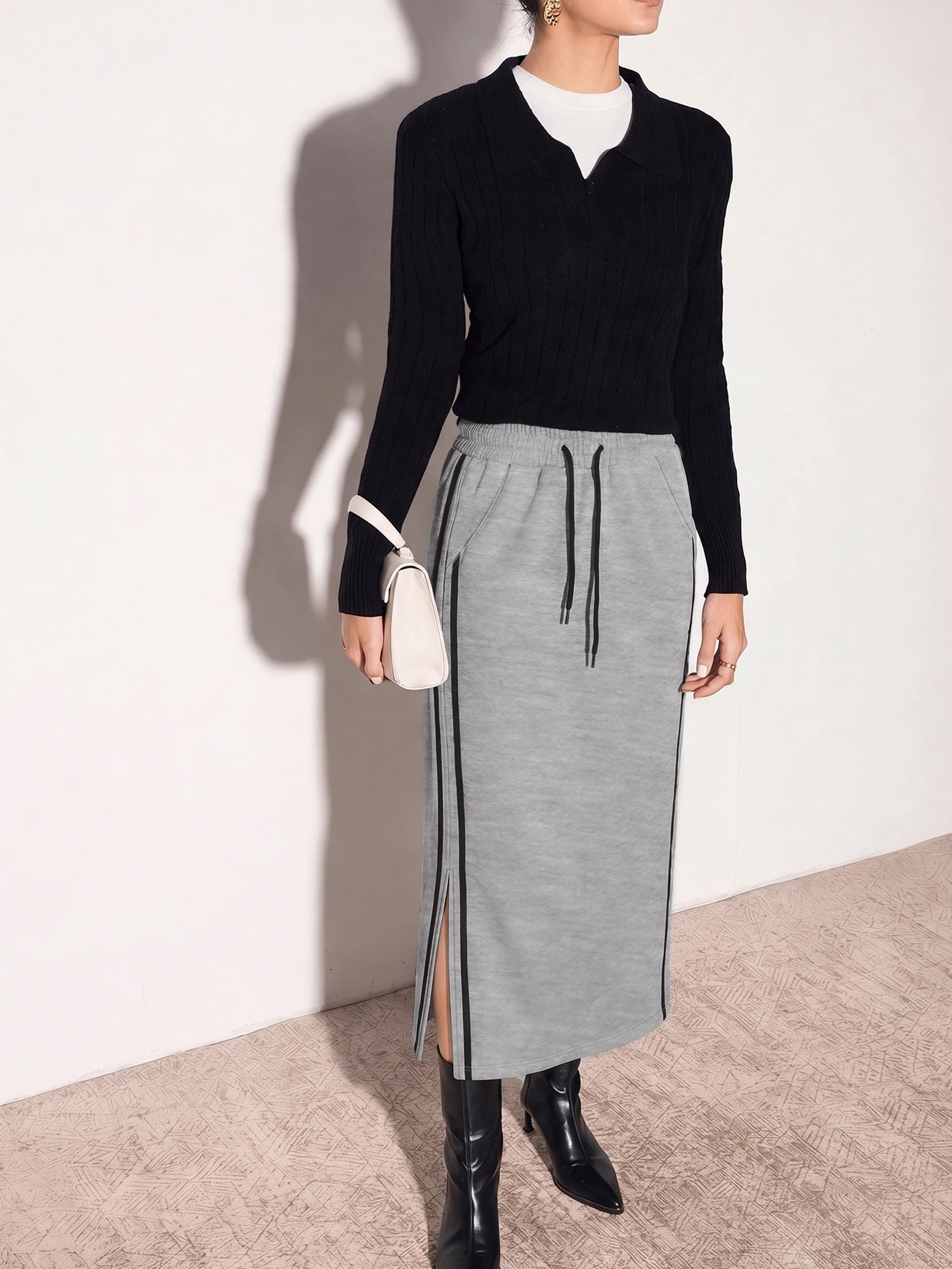 Relax Fit Athletic Midi Skirt, Side Split Design, Morning Jogging & Park Stroll Athleisure Wear