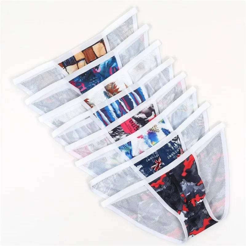 8PCS Men Briefs Print Sexy Underwear High Fork Convex Pouch Panties Man Low Rise Breathable Penis Pouch Male Underpants Briefs