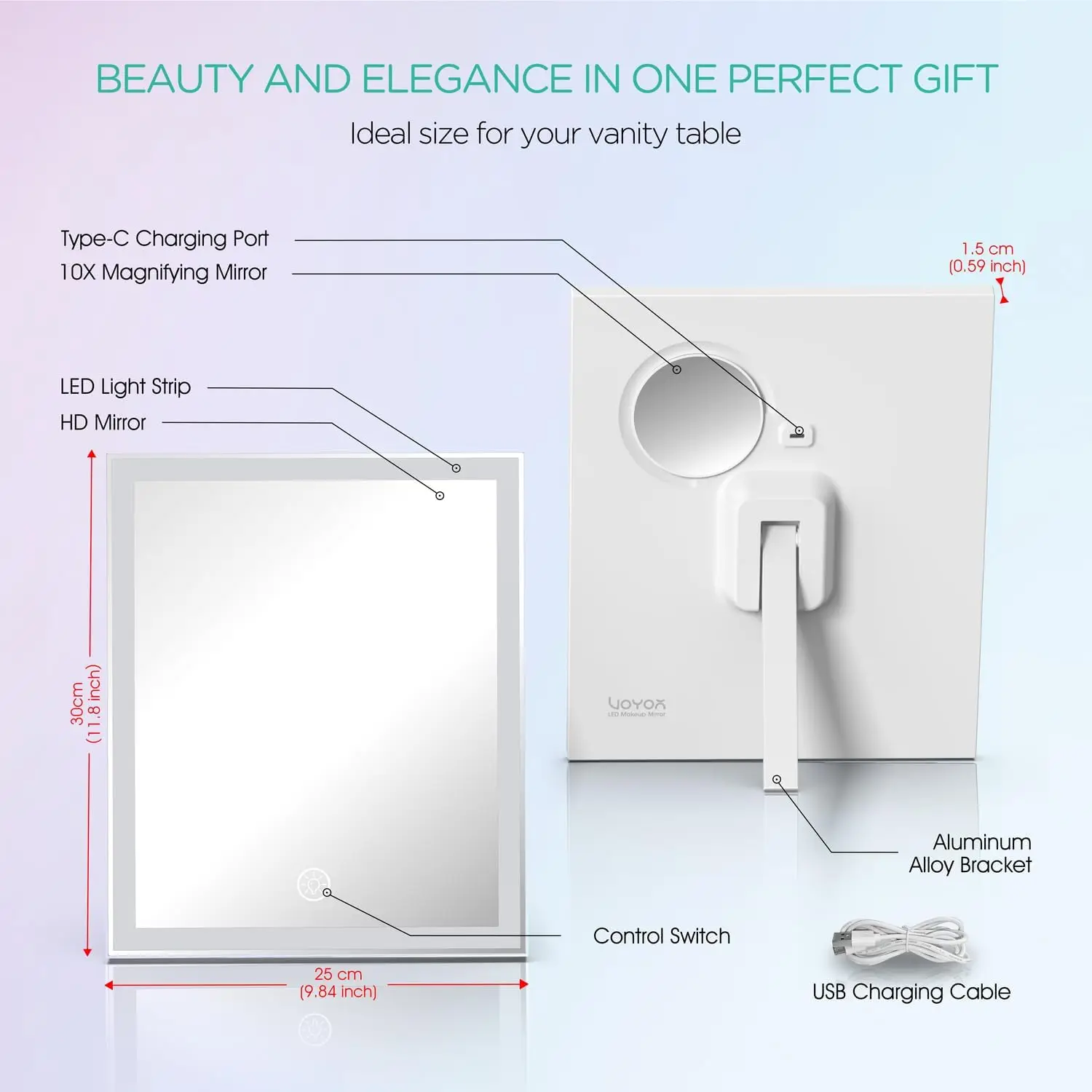 Rechargeable Vanity Mirror with Lights, 11.8x9.8in, 3 Color Modes, 10X Magnification, Smart Touch Control for Dressing Table - view 6