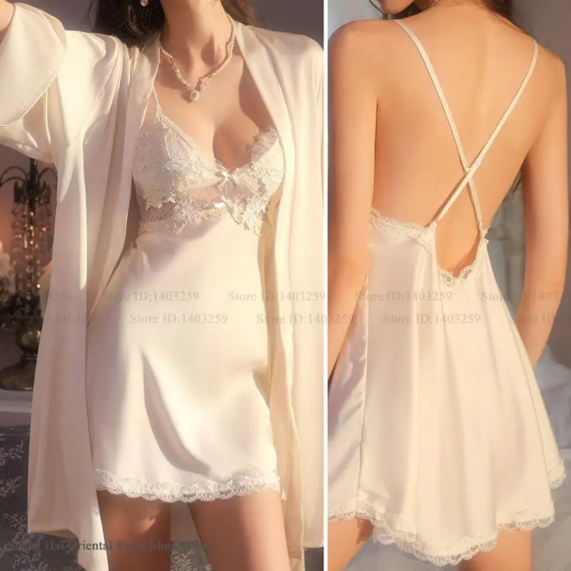

Female 2PCS Robe Set Spring Summer New Silk Satin Sleepwear Sexy Patchwork Lace Suspender Nightgown Intimate Lingerie Home Wear