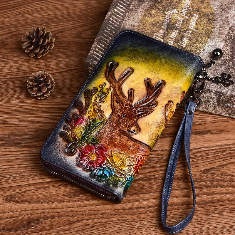 MOTAORA Vintage Women Long Wallets Deer Pattern Bag 2024 Genuine Leather Handmade Embossing Ladies Wallet Phone Bags Woman Purse