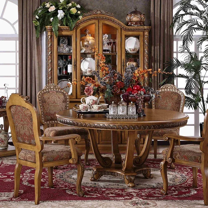 Custom solid wood dining table and chair combination American country European carved  round