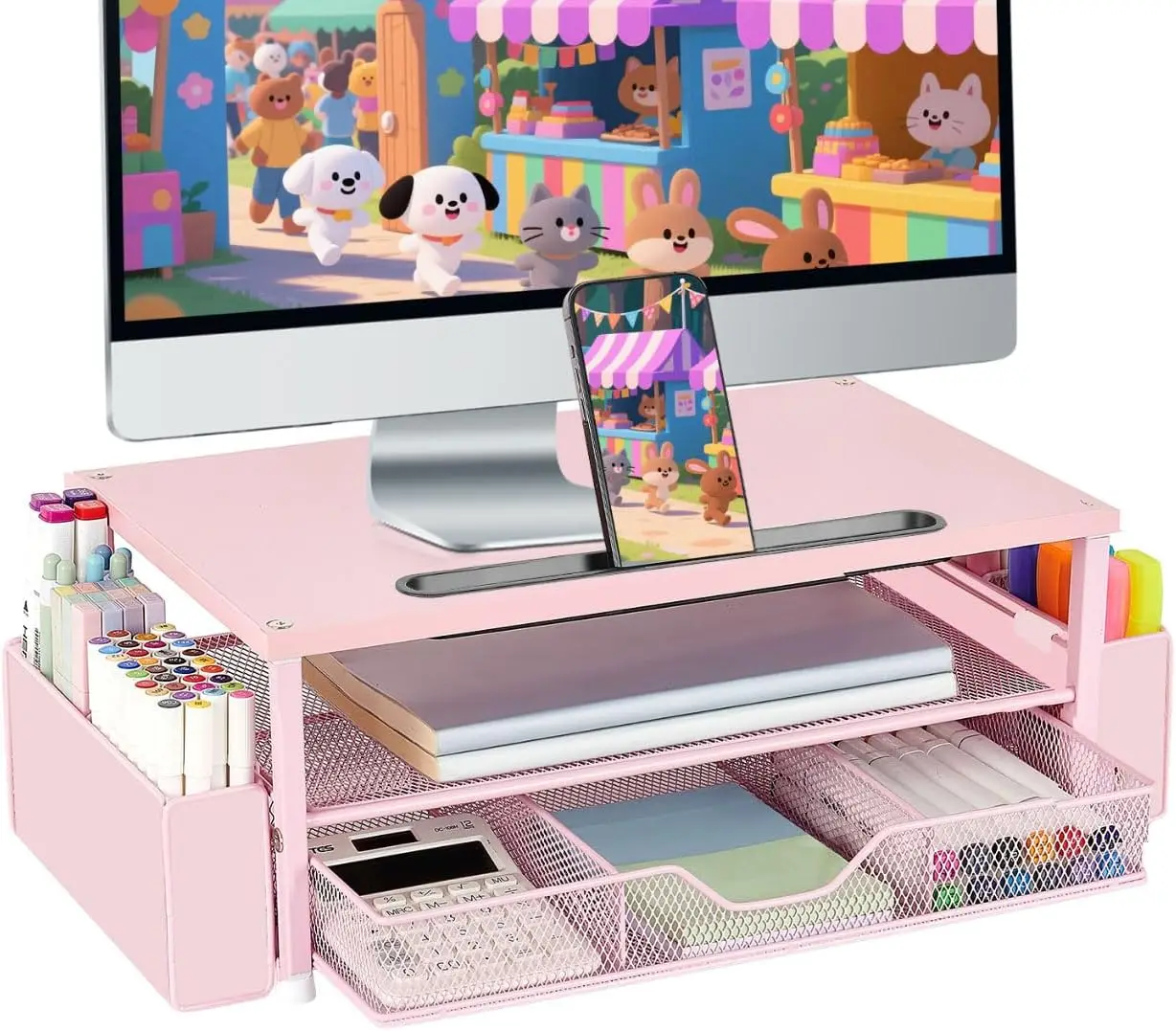 

Розовая деревянная подставка для монитора с выдвижным ящиком, отсеком для ручек и держателем для телефона для организации рабочего стола